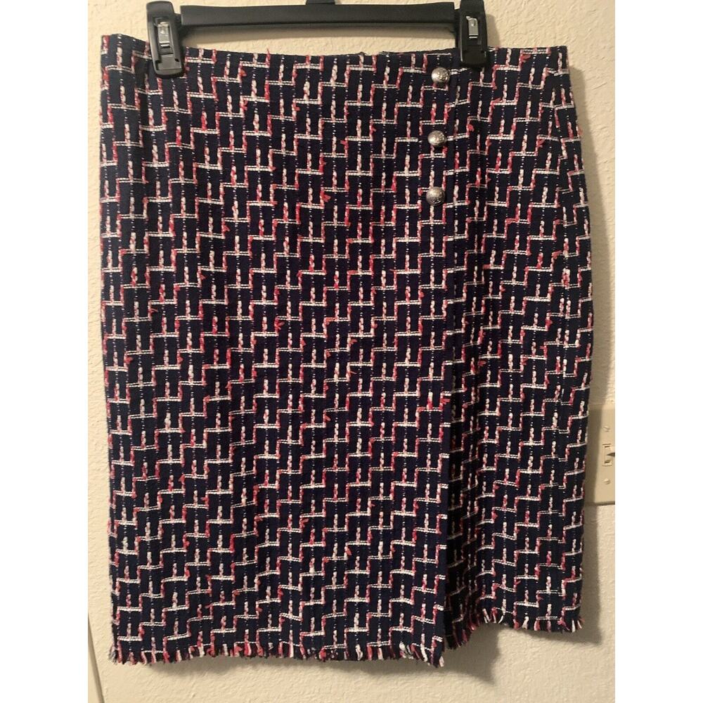 Talbot Wool Skirt W Lining Retro Pattern Red Blue With Fringe Bottom 10